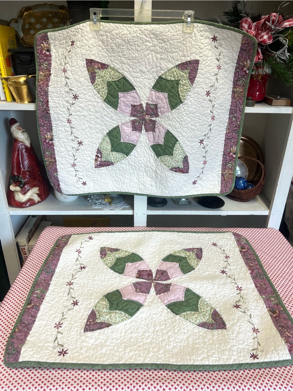 Quilted pillow shams JCPenney white purple green bedding grandma core